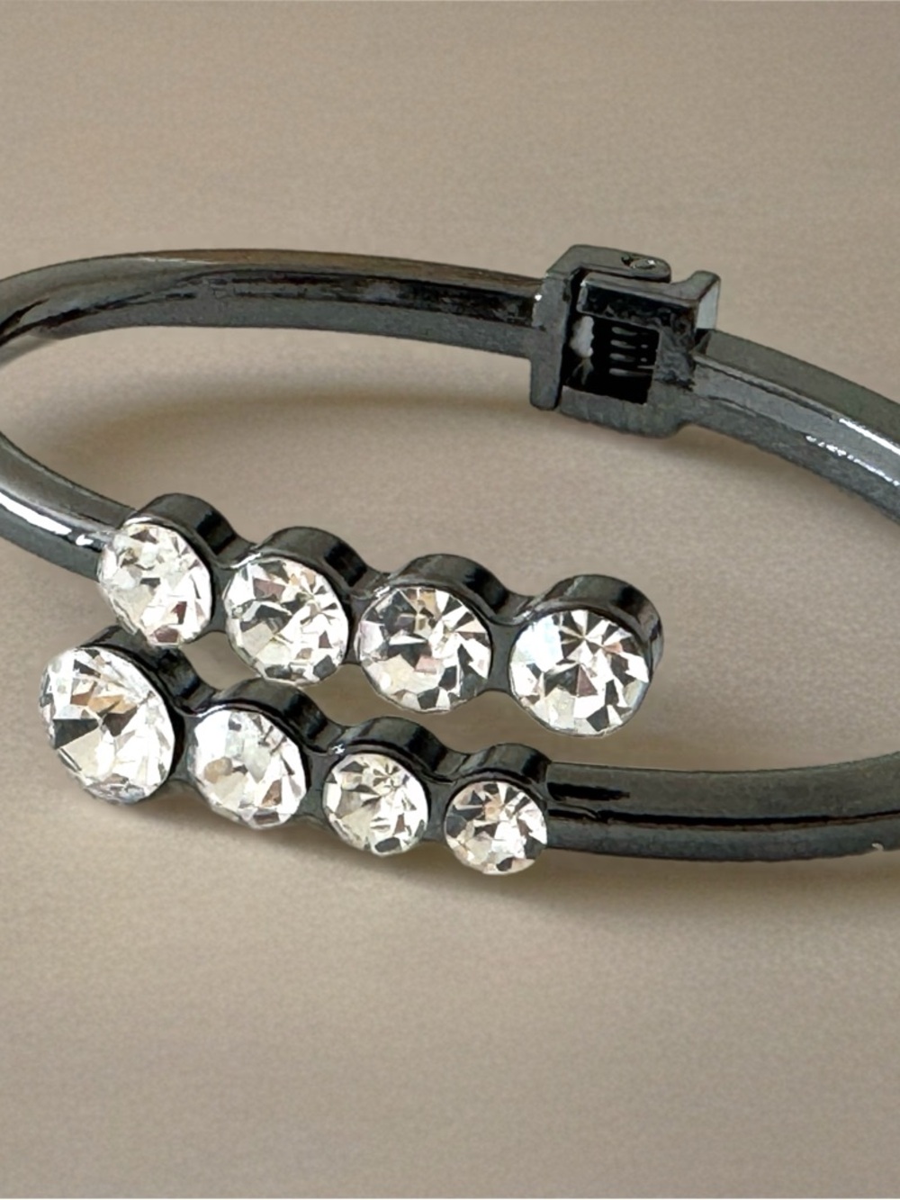 Gunmetal and Glass Crystal Hinged Adjustable Cuff Bracelet Bangle - Picture 3 of 5
